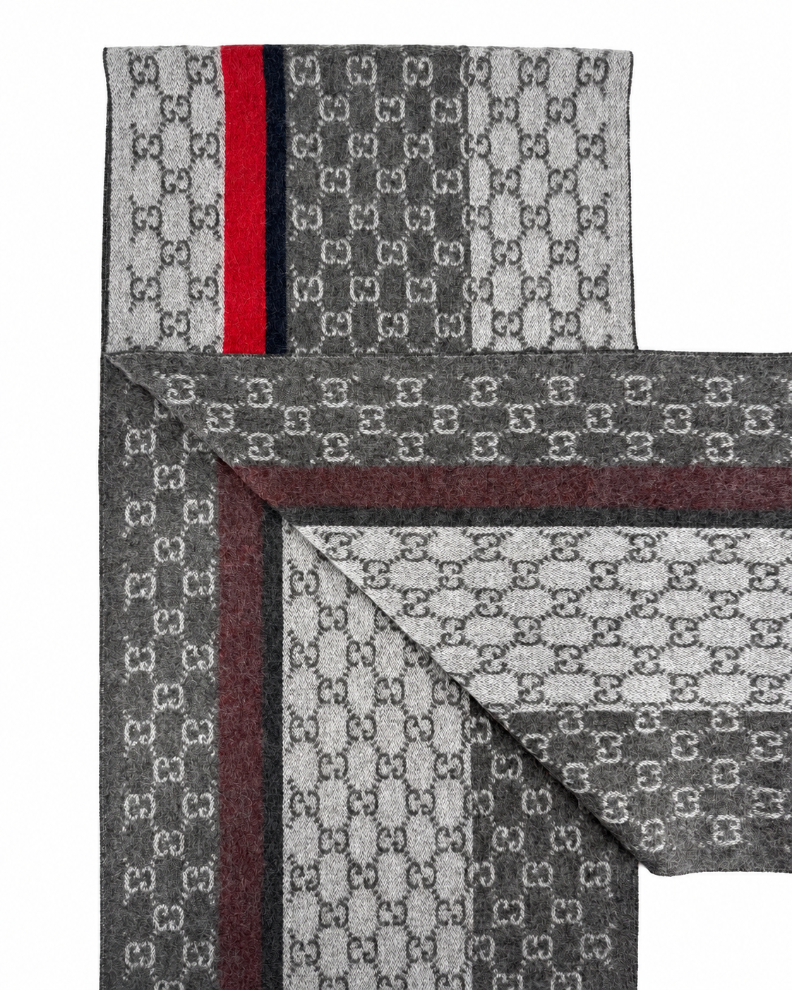 Gucci Monogram Grey Cashmere & Wool Scarf with Red & Black  Stripe