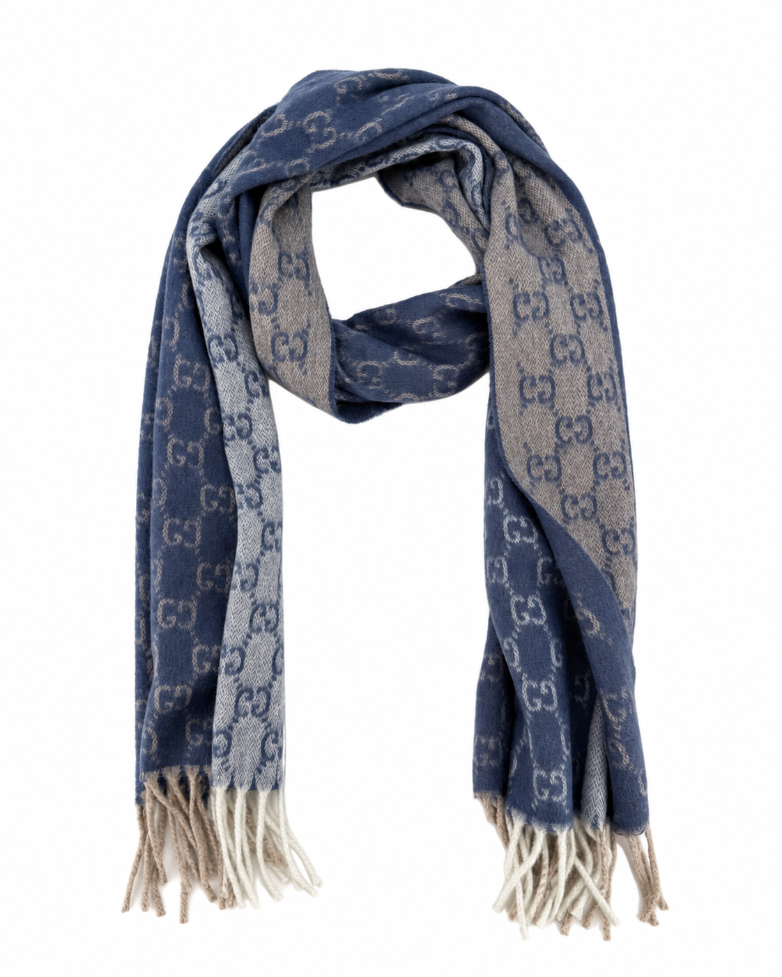Gucci Monogram Blue Cashmere & Wool Scarf with Beige & Cream  Fringe