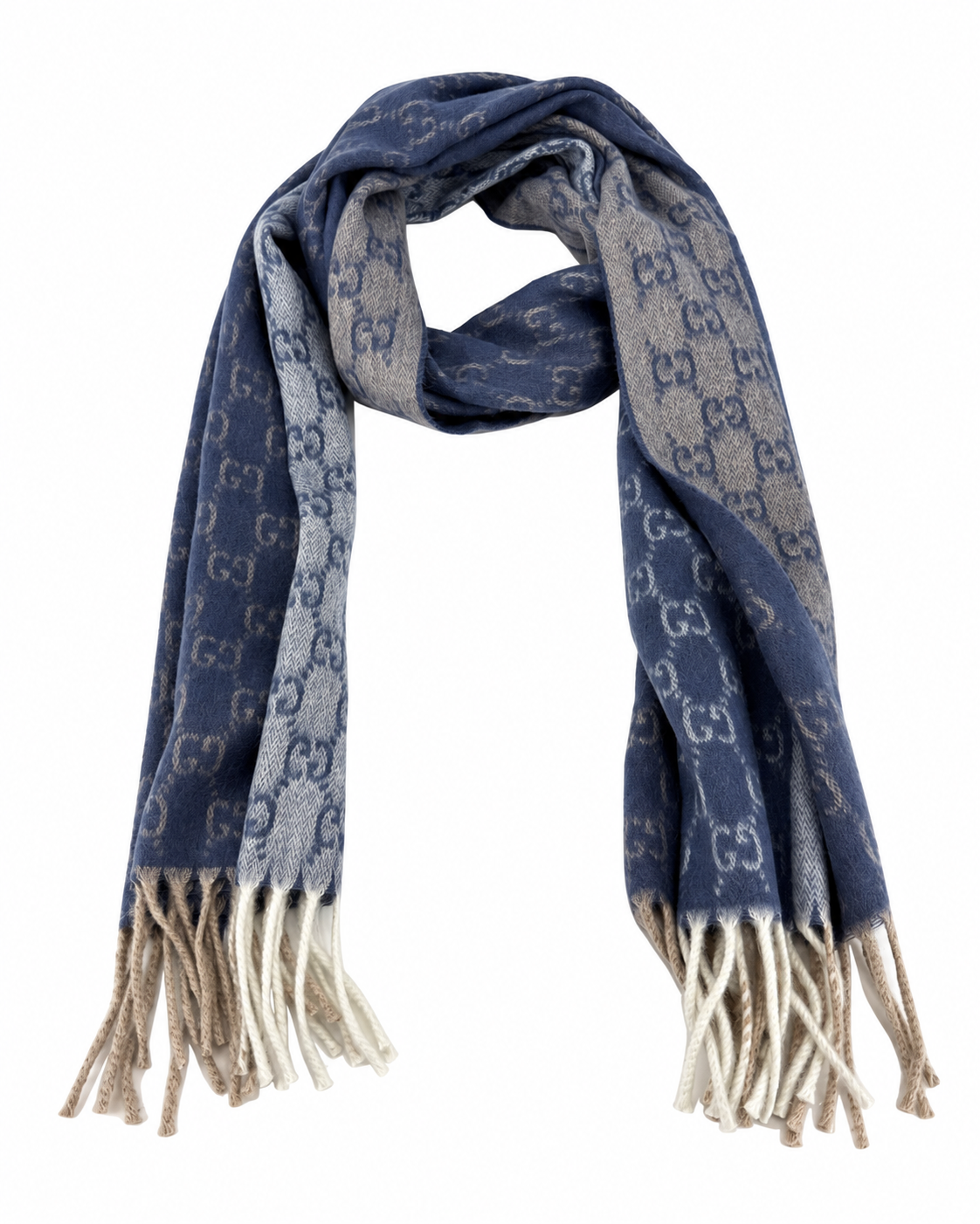 Gucci Monogram Blue Cashmere & Wool Scarf with Beige & Cream  Fringe