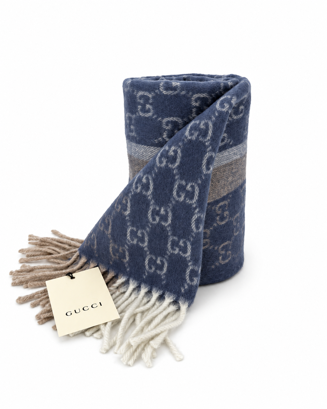 Gucci Monogram Blue Cashmere & Wool Scarf with Beige & Cream  Fringe