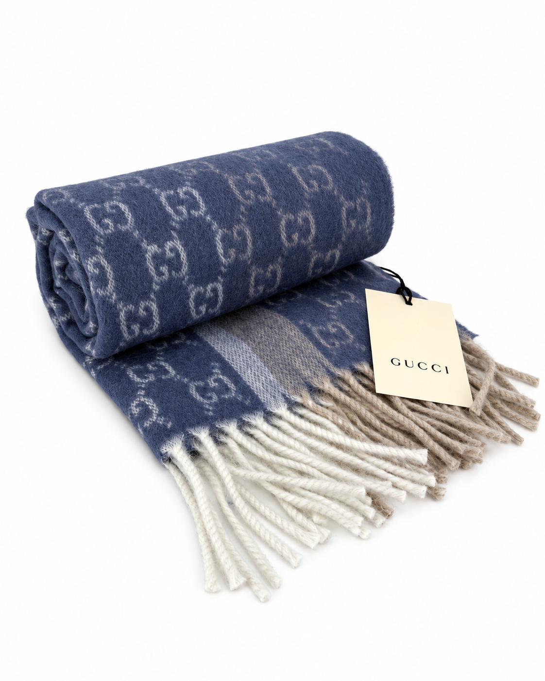 Gucci Monogram Blue Cashmere & Wool Scarf with Beige & Cream  Fringe
