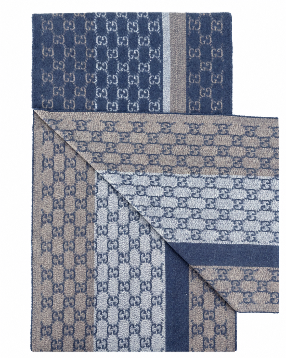 Gucci Monogram Blue Cashmere & Wool Scarf with Beige & Cream  Fringe