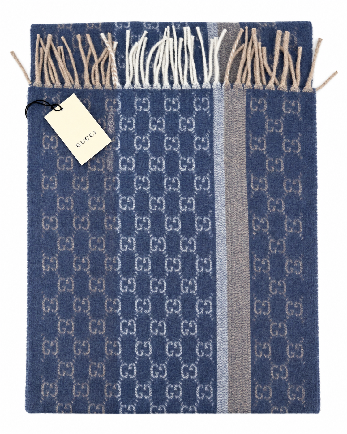 Gucci Monogram Blue Cashmere & Wool Scarf with Beige & Cream  Fringe