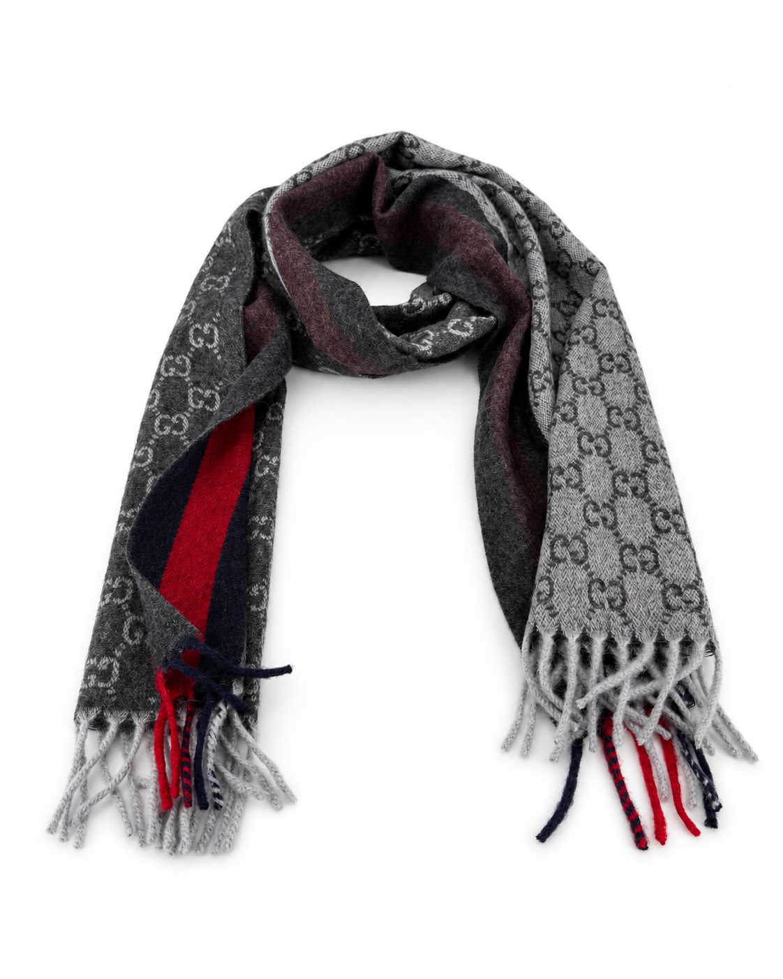 Gucci Monogram Charcoal Grey Cashmere & Wool Scarf with Red & Navy  Stripe