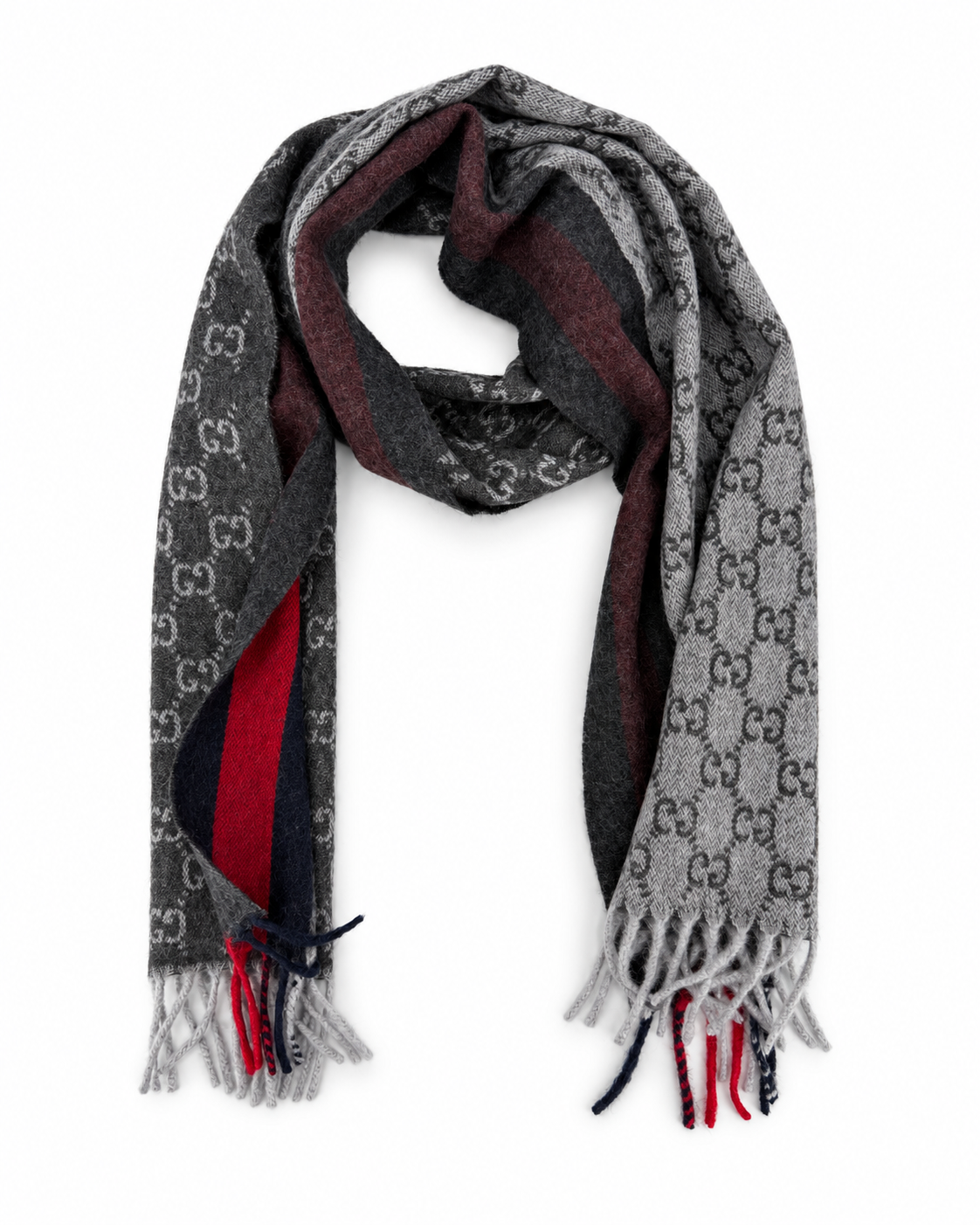 Gucci Monogram Charcoal Grey Cashmere & Wool Scarf with Red & Navy  Stripe