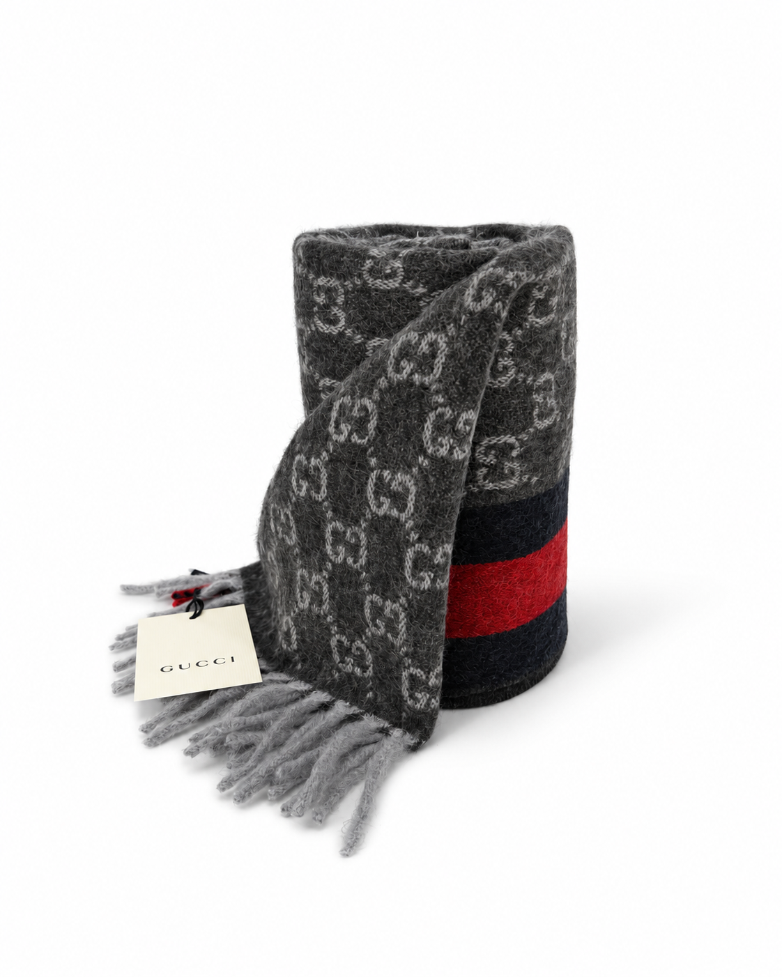Gucci Monogram Charcoal Grey Cashmere & Wool Scarf with Red & Navy  Stripe