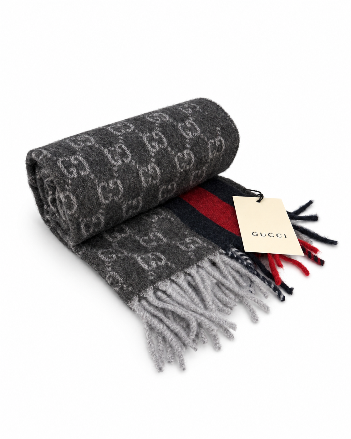 Gucci Monogram Charcoal Grey Cashmere & Wool Scarf with Red & Navy  Stripe
