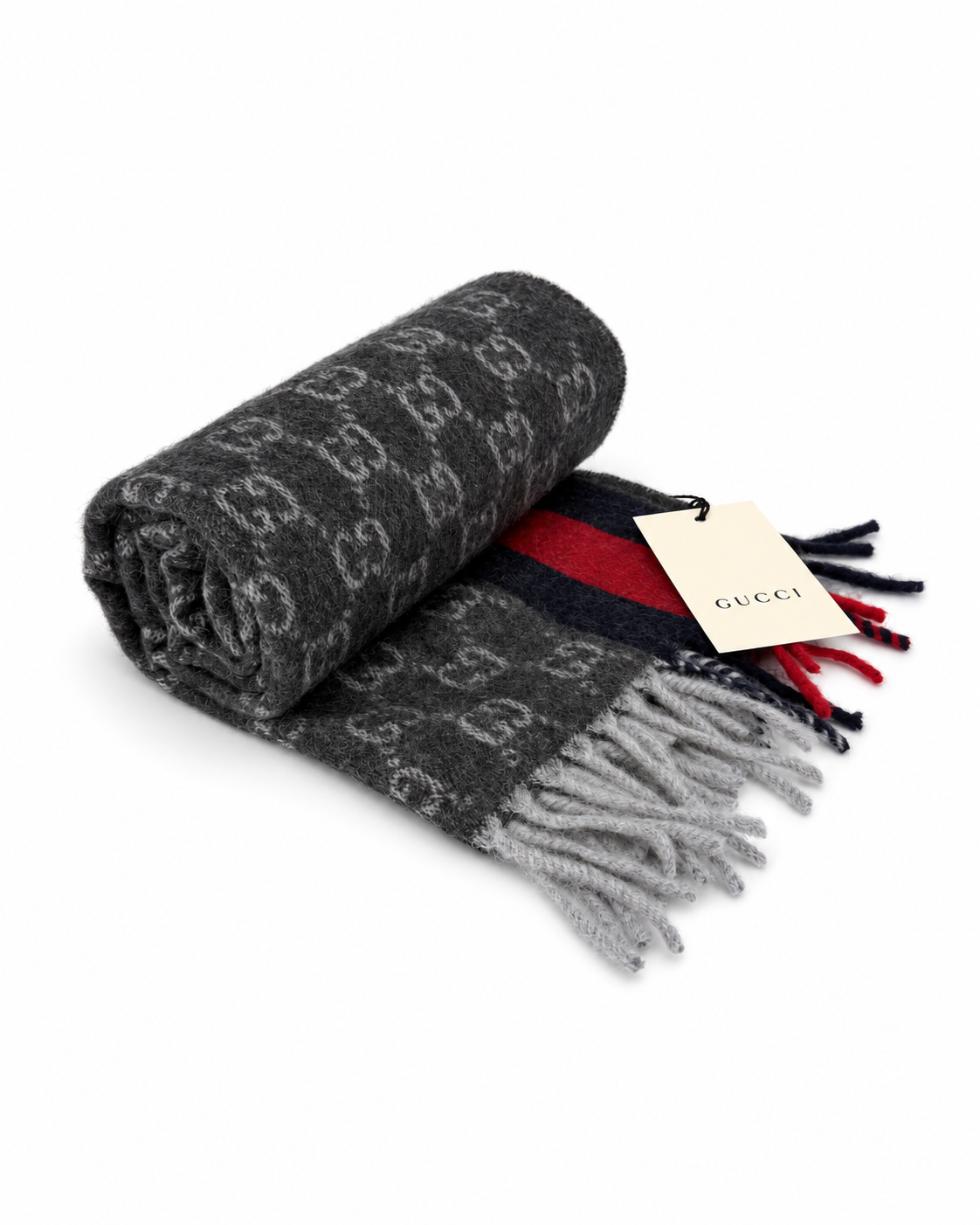 Gucci Monogram Charcoal Grey Cashmere & Wool Scarf with Red & Navy  Stripe