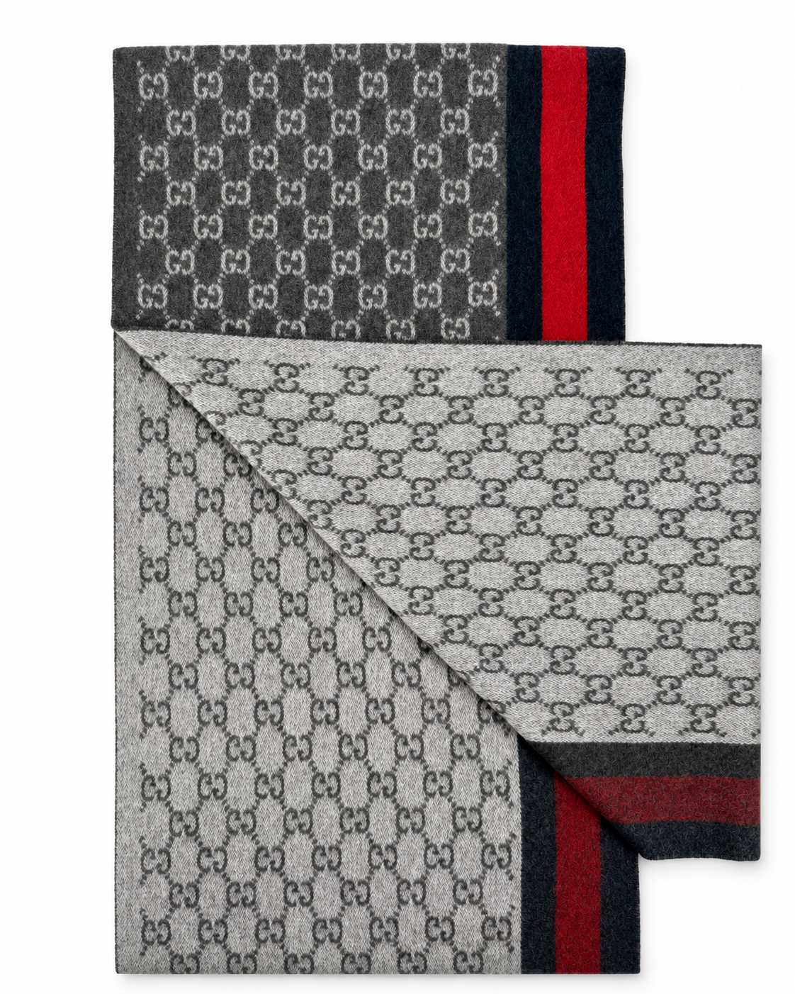 Gucci Monogram Charcoal Grey Cashmere & Wool Scarf with Red & Navy  Stripe