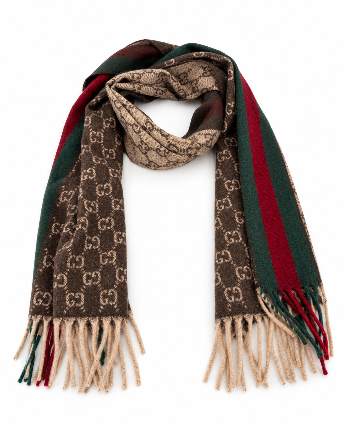 Gucci Monogram Brown Cashmere & Wool Scarf with Green & Red Web  Stripe