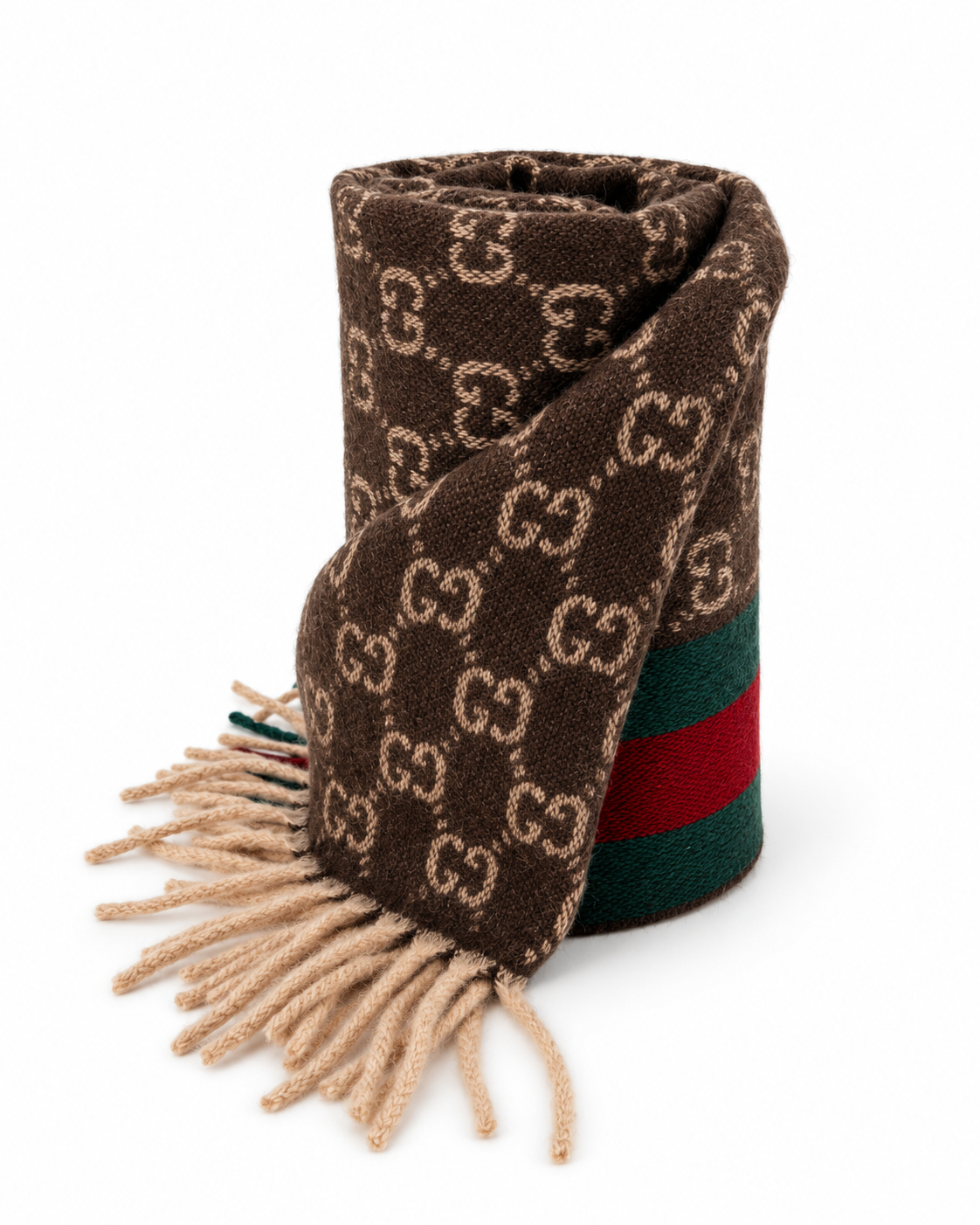 Gucci Monogram Brown Cashmere & Wool Scarf with Green & Red Web  Stripe