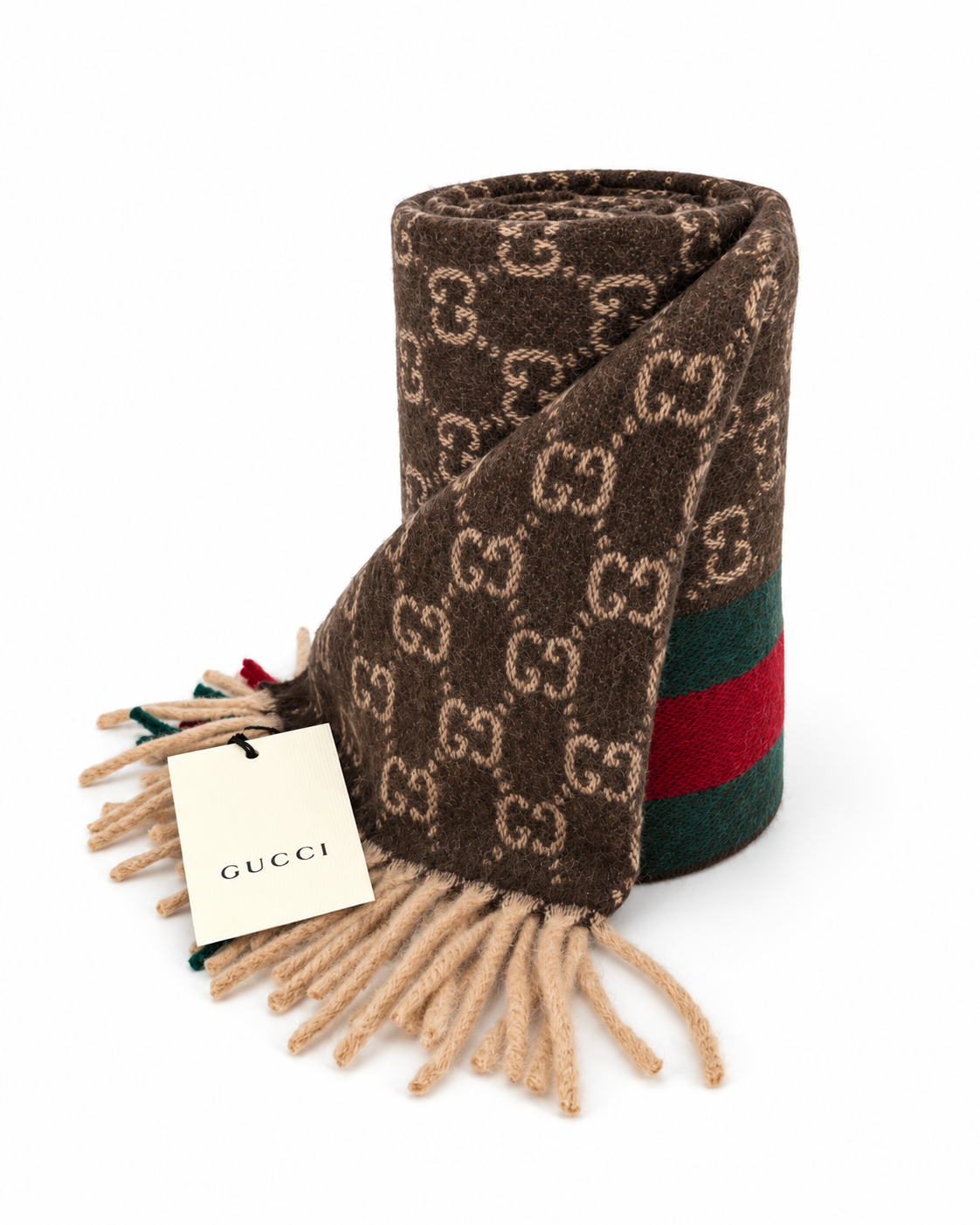 Gucci Monogram Brown Cashmere & Wool Scarf with Green & Red Web  Stripe