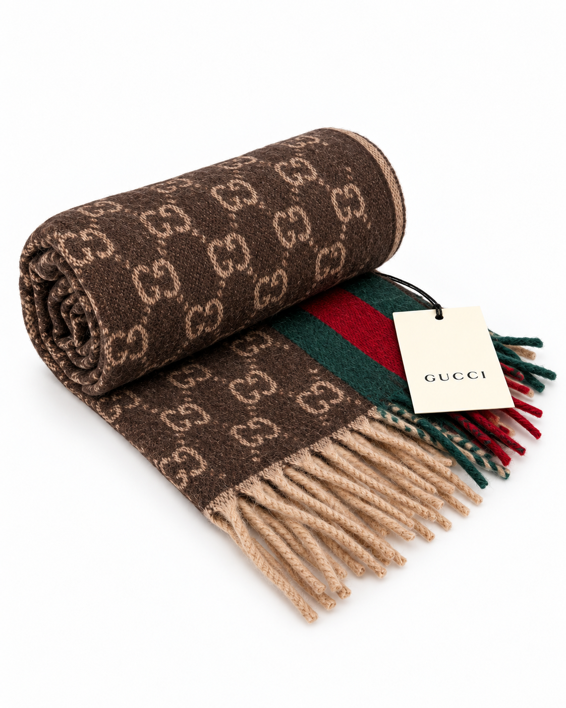 Gucci Monogram Brown Cashmere & Wool Scarf with Green & Red Web  Stripe
