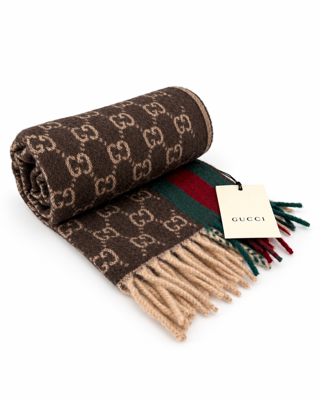 Gucci Monogram Brown Cashmere & Wool Scarf with Green & Red Web  Stripe