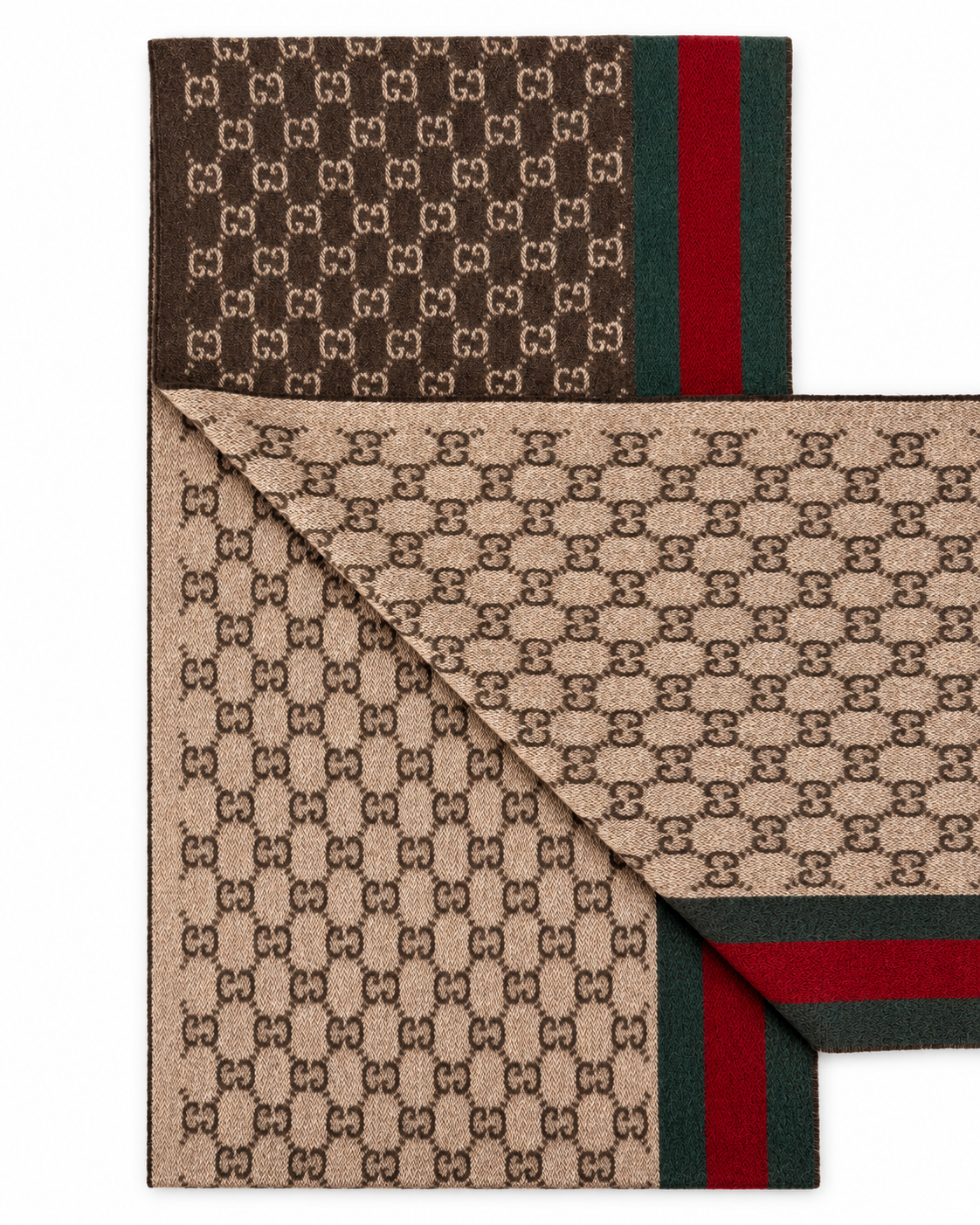 Gucci Monogram Brown Cashmere & Wool Scarf with Green & Red Web  Stripe