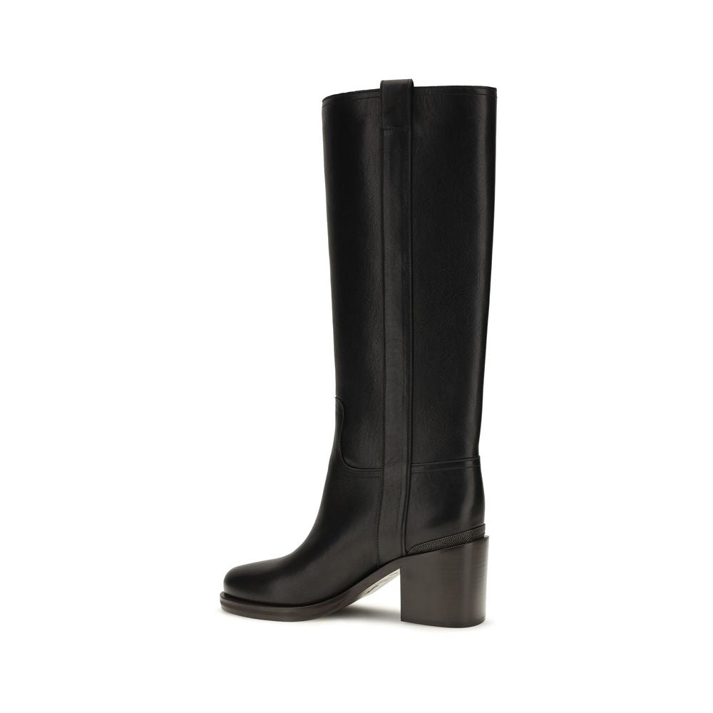 Brunello Cucinelli Black Calf Leather Bos Taurus High Heel Women's Boots