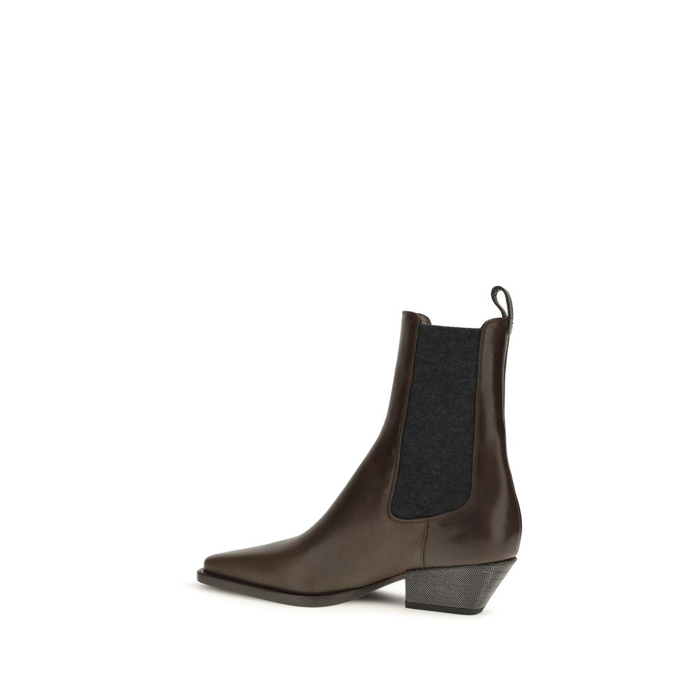 Brunello Cucinelli Brown Calf Leather Bos Taurus Ankle Women's Boots