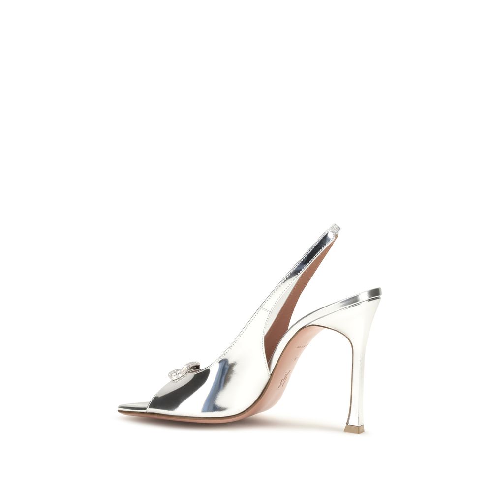 Amina Muaddi Silver Calf Leather Bos Taurus Women's Sandals
