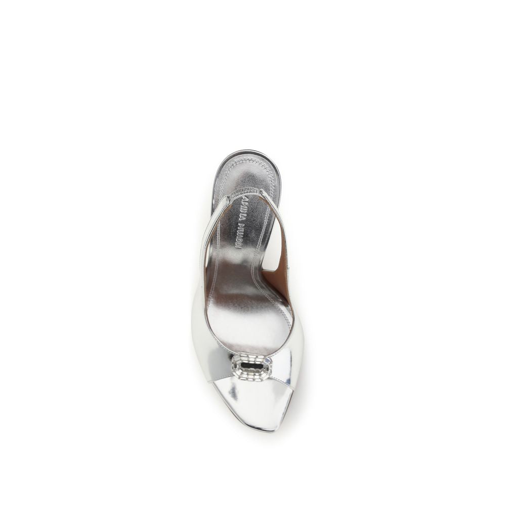 Amina Muaddi Silver Calf Leather Bos Taurus Women's Sandals