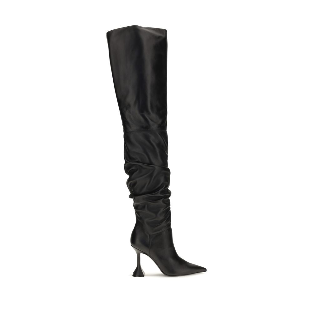 Amina Muaddi Black Calf Leather Bos Taurus Over The Women's Knee