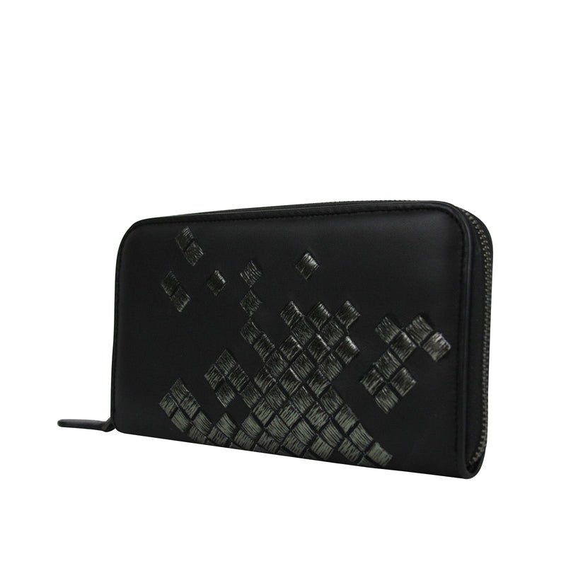 Bottega Veneta Women's Zip Around Black Leather Woven Wallet 114076 1160