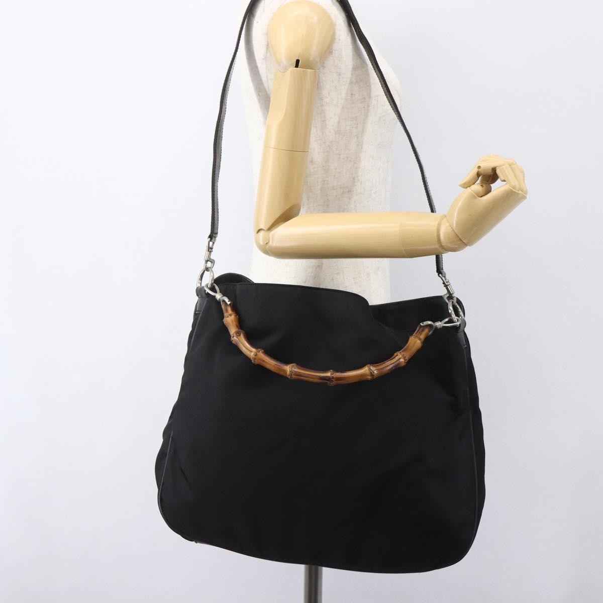 Gucci Vintage Bamboo Handle Open Hobo Nylon Black Nylon Handbag (Pre-Owned)