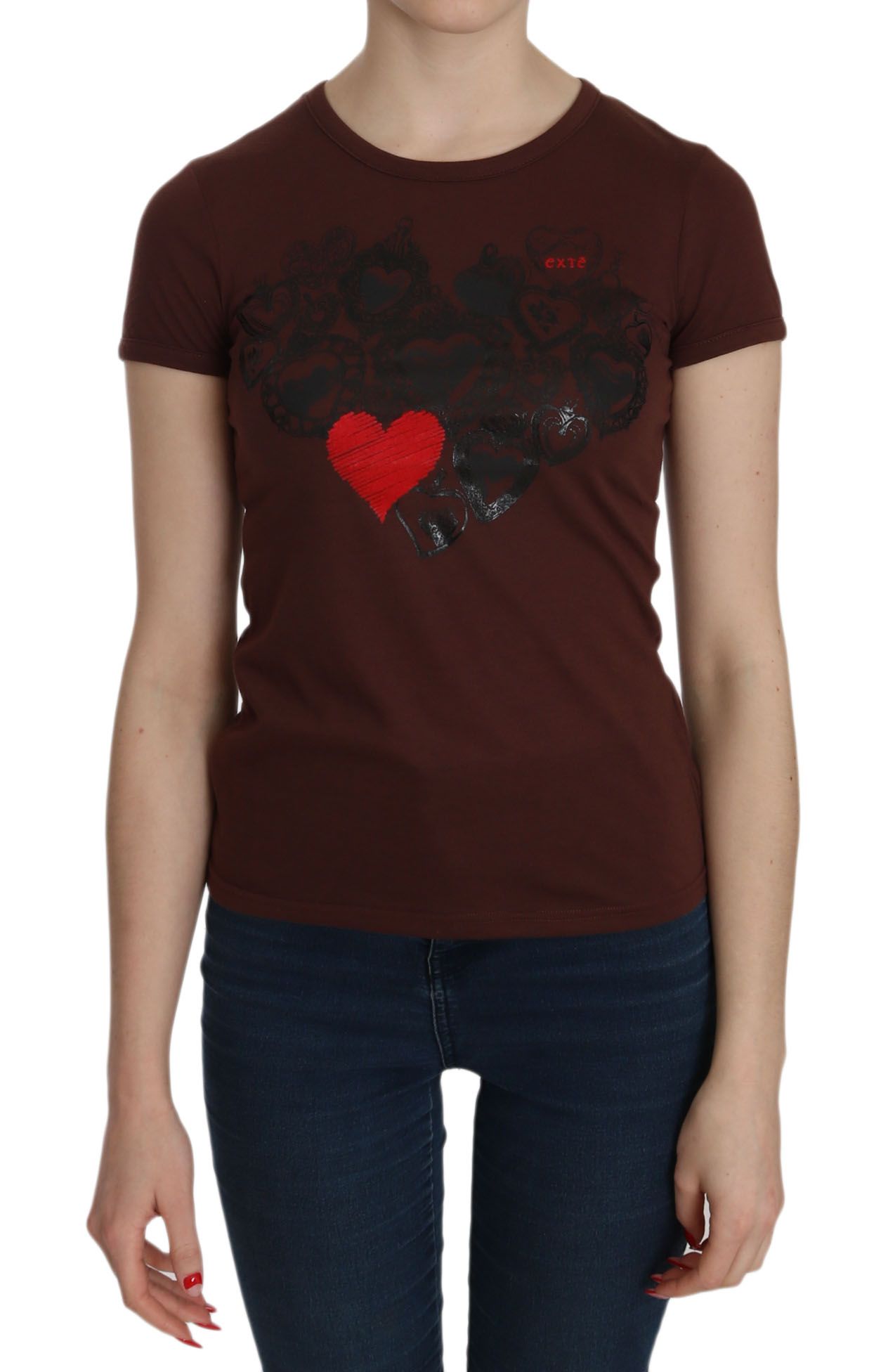 Exte Chic Brown Heart Print Crew Neck Women's Top