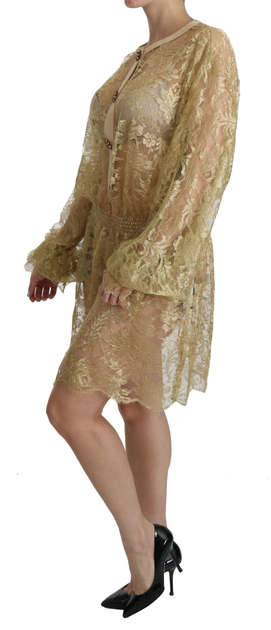 Dolce & Gabbana Gold Lace See Through A-Line Knee Length Women's Dress