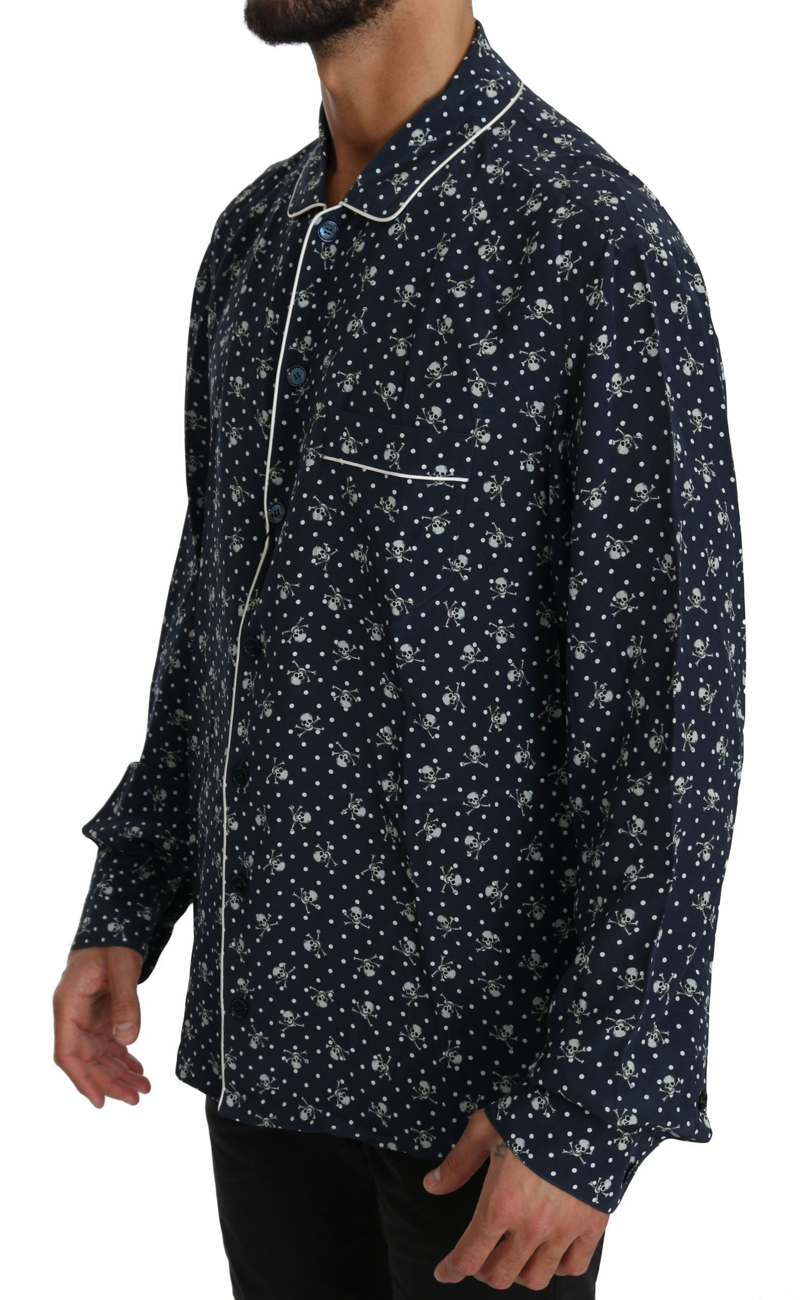 Dolce & Gabbana Silken Elegance: Blue Skull Print Lounge Men's Shirt