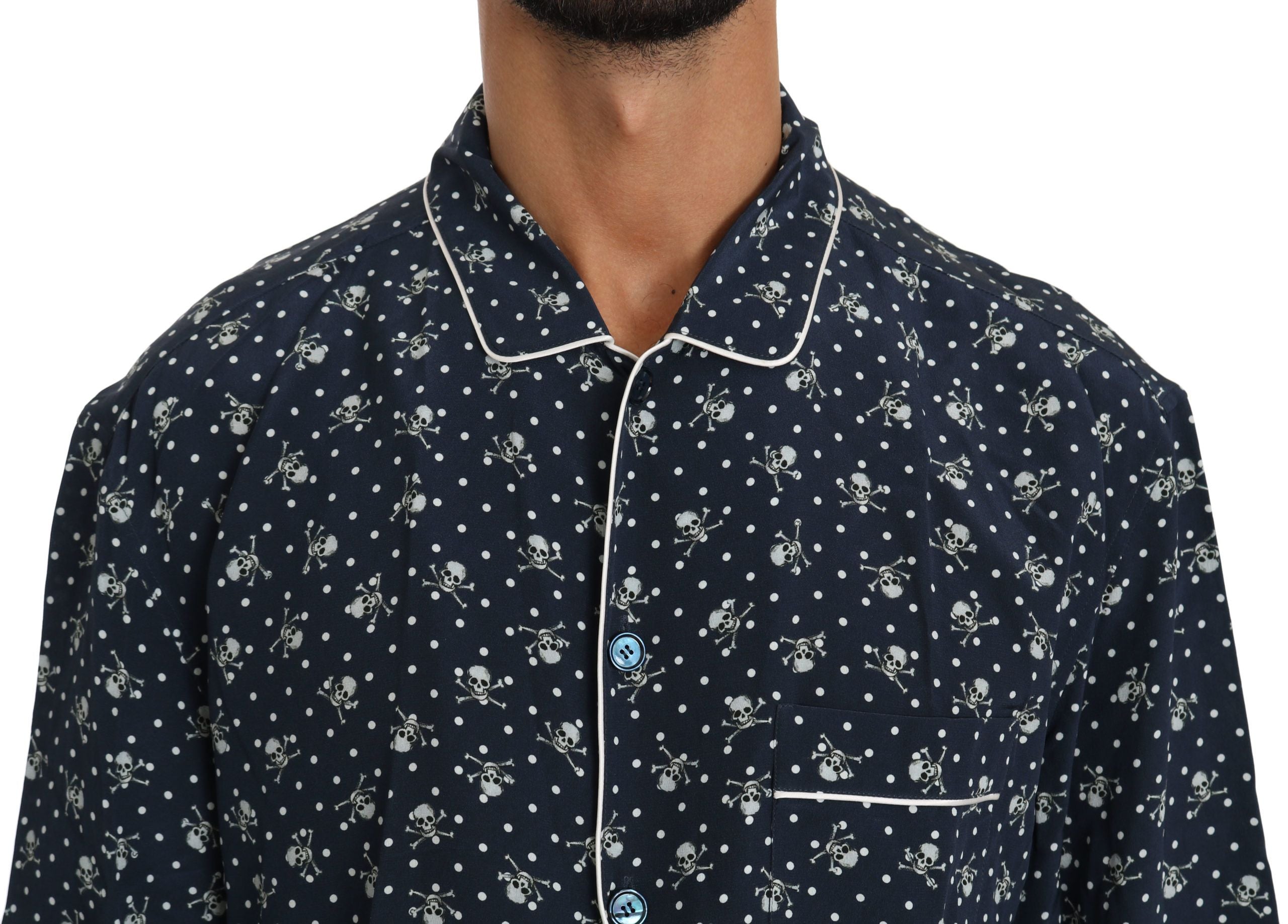 Dolce & Gabbana Silken Elegance: Blue Skull Print Lounge Men's Shirt