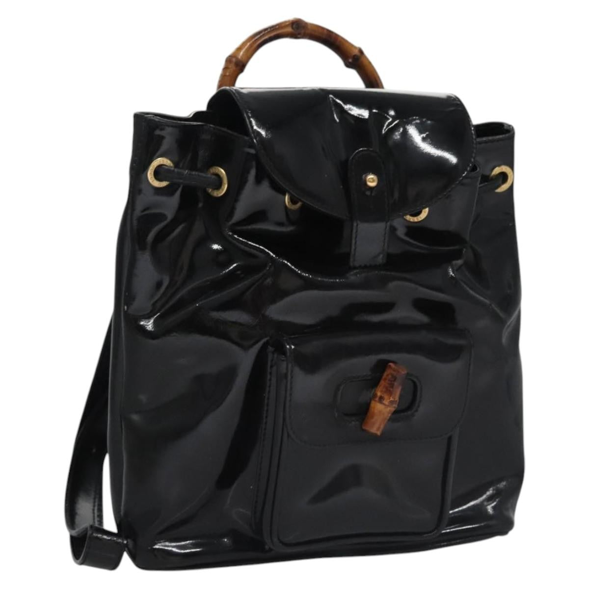 Gucci Vintage Bamboo Patent Black Patent_Leather Backpack Bag (Pre-Owned)