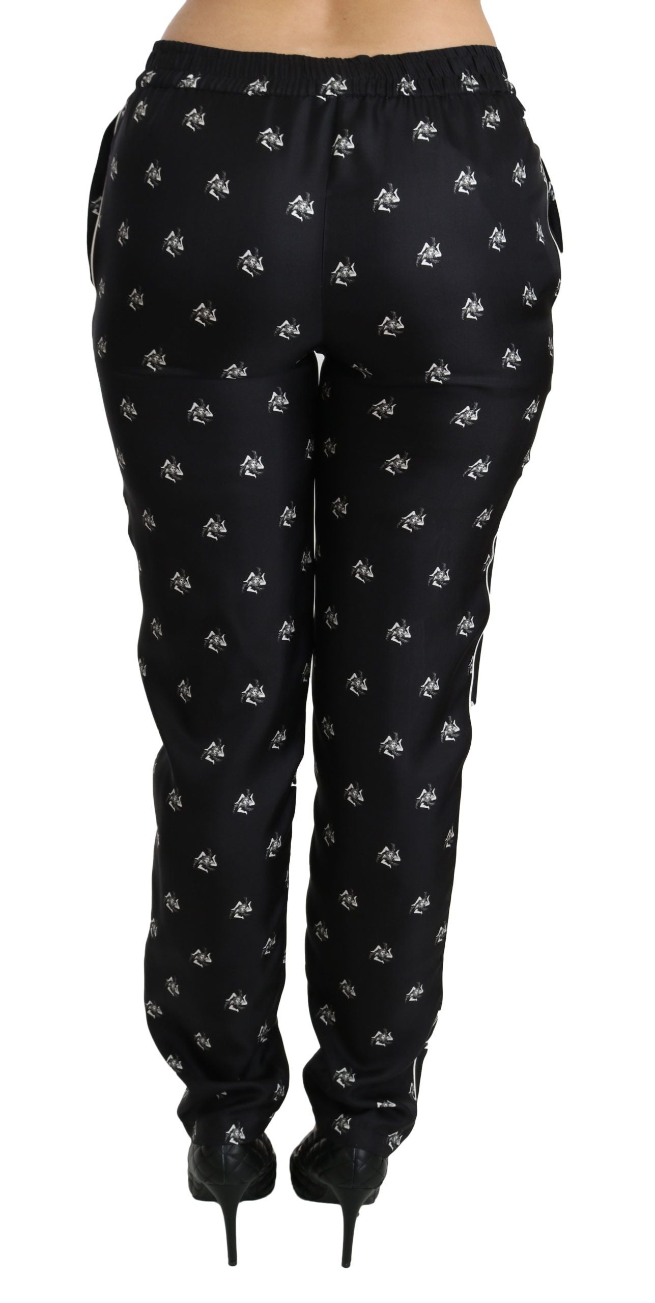 Dolce & Gabbana Black Printed Mid Waist Skinny Silk Women's Pants
