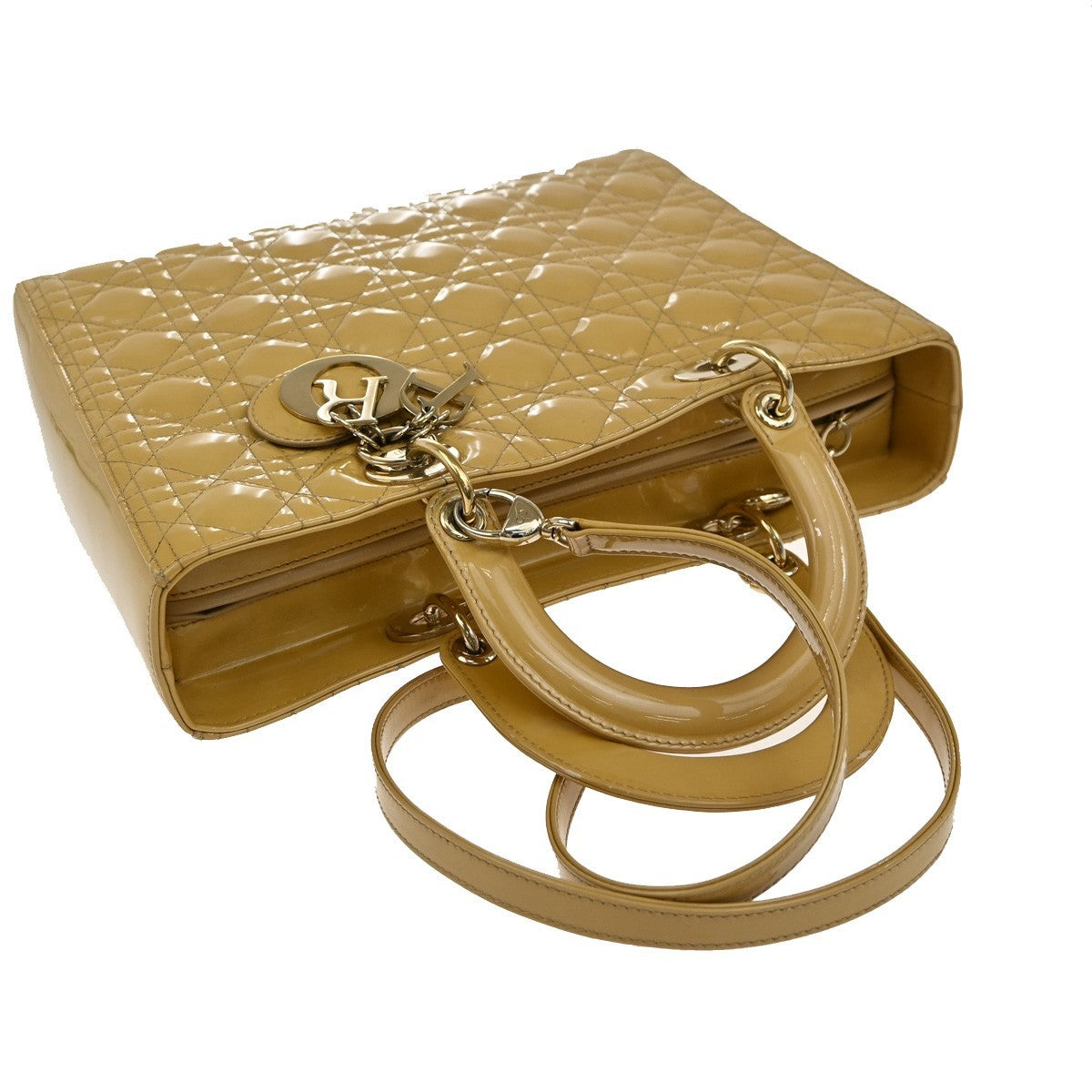 Christian Dior Lady Dior Cannage Quilt Patent Yellow Patent_Leather Handbag (Pre-Owned)
