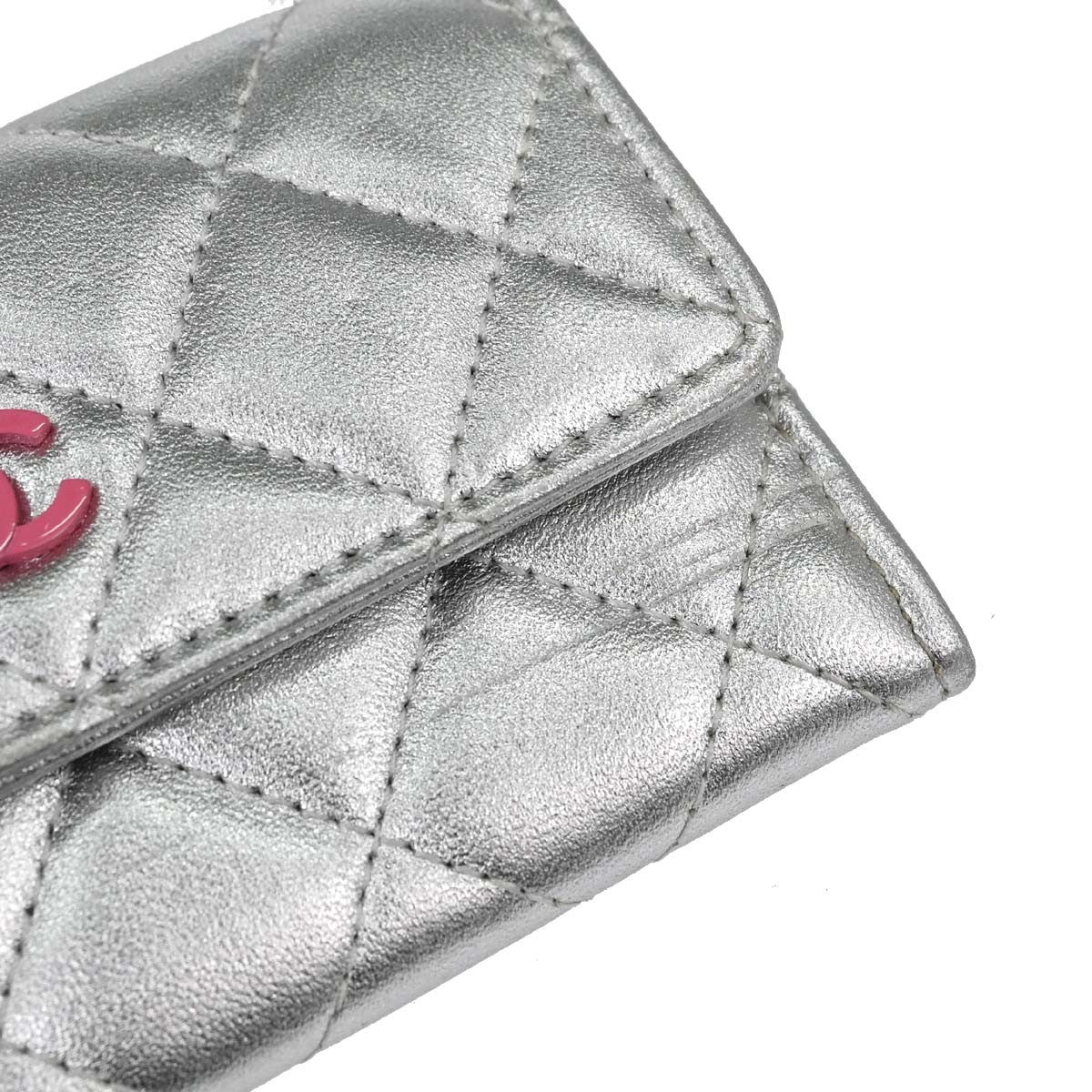 Chanel Cc Flap Card Case Quilted Lambskin Silver Leather Card Holders Accessory (Pre-Owned)