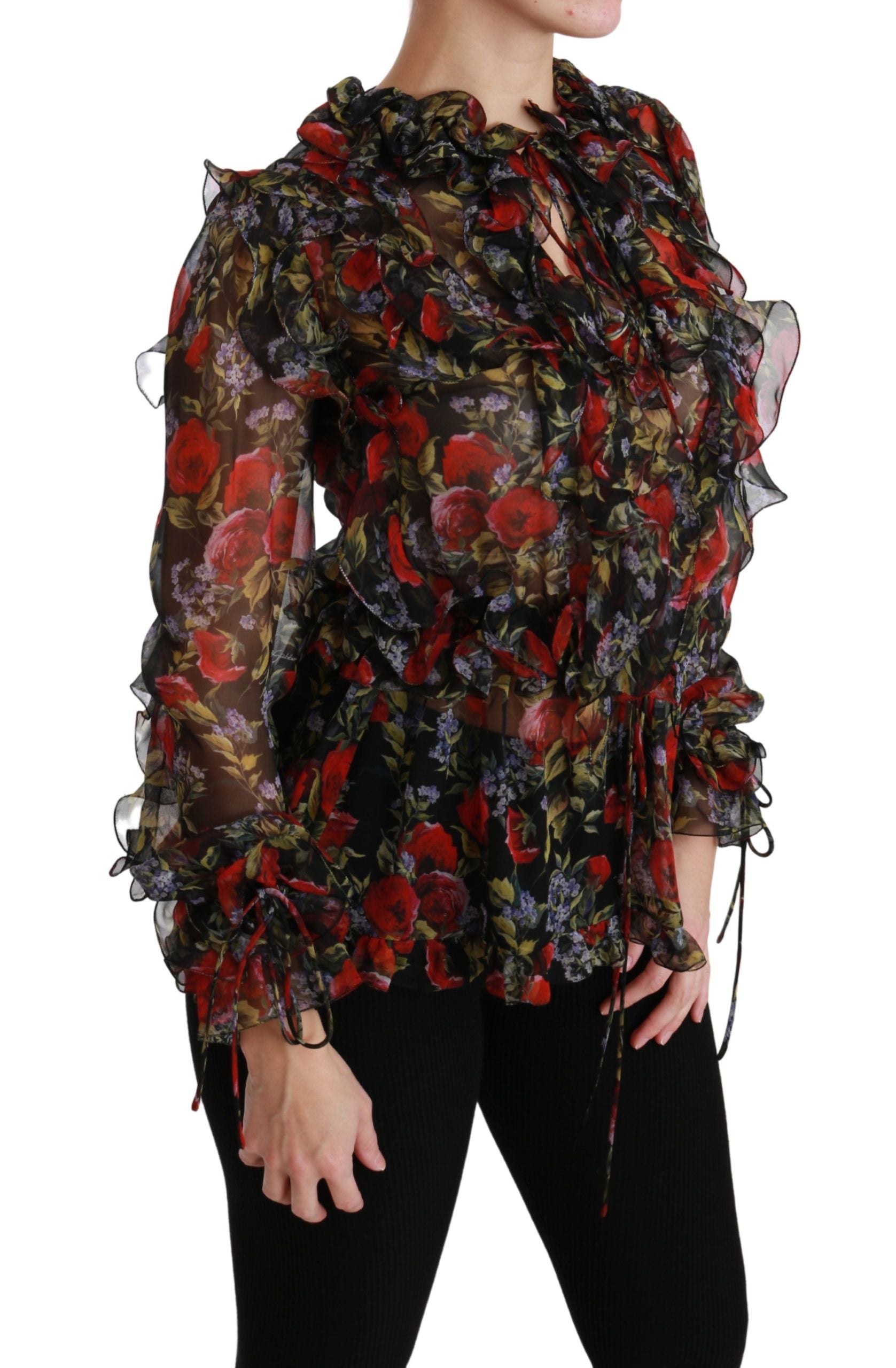 Dolce & Gabbana Black Floral Roses Blouse Silk Women's Top