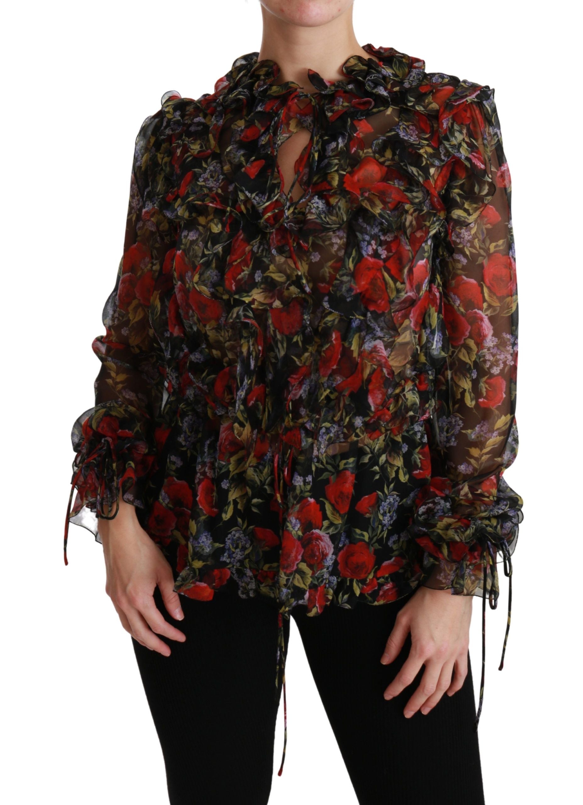 Dolce & Gabbana Black Floral Roses Blouse Silk Women's Top