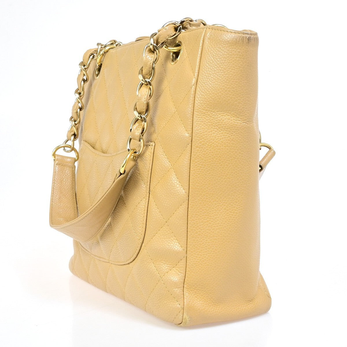 Chanel Petite Shopping Tote Quilted Caviar Beige Leather Bag (Pre-Owned)