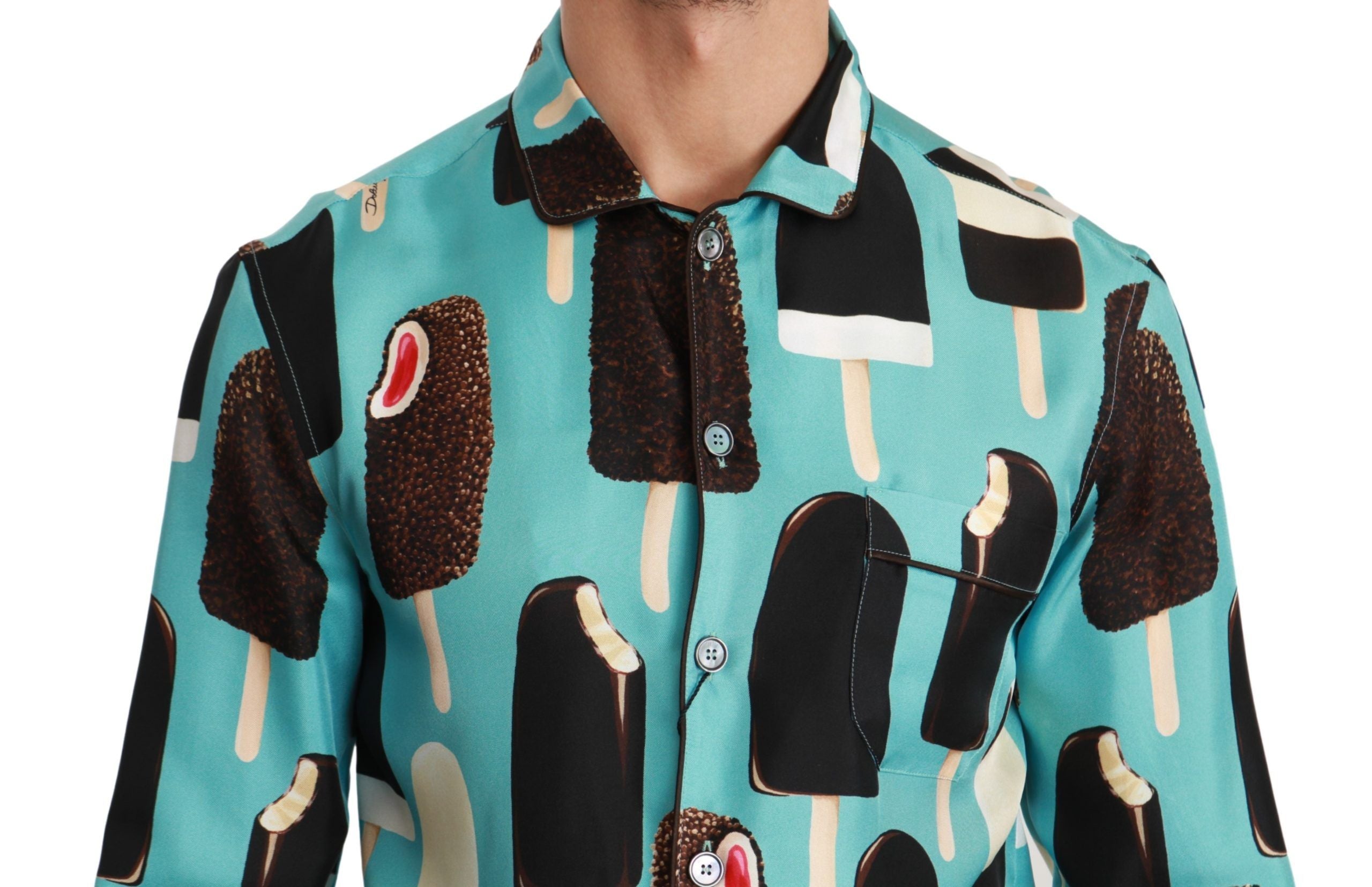 Dolce & Gabbana Blue Silk Ice Cream Print Casual Men's Shirt