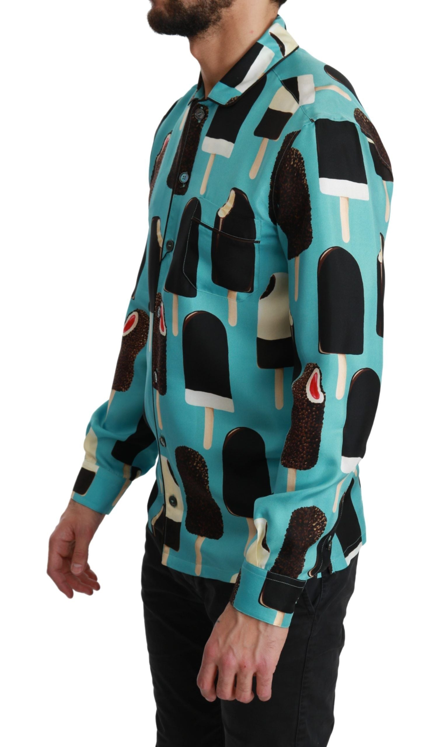 Dolce & Gabbana Blue Silk Ice Cream Print Casual Men's Shirt