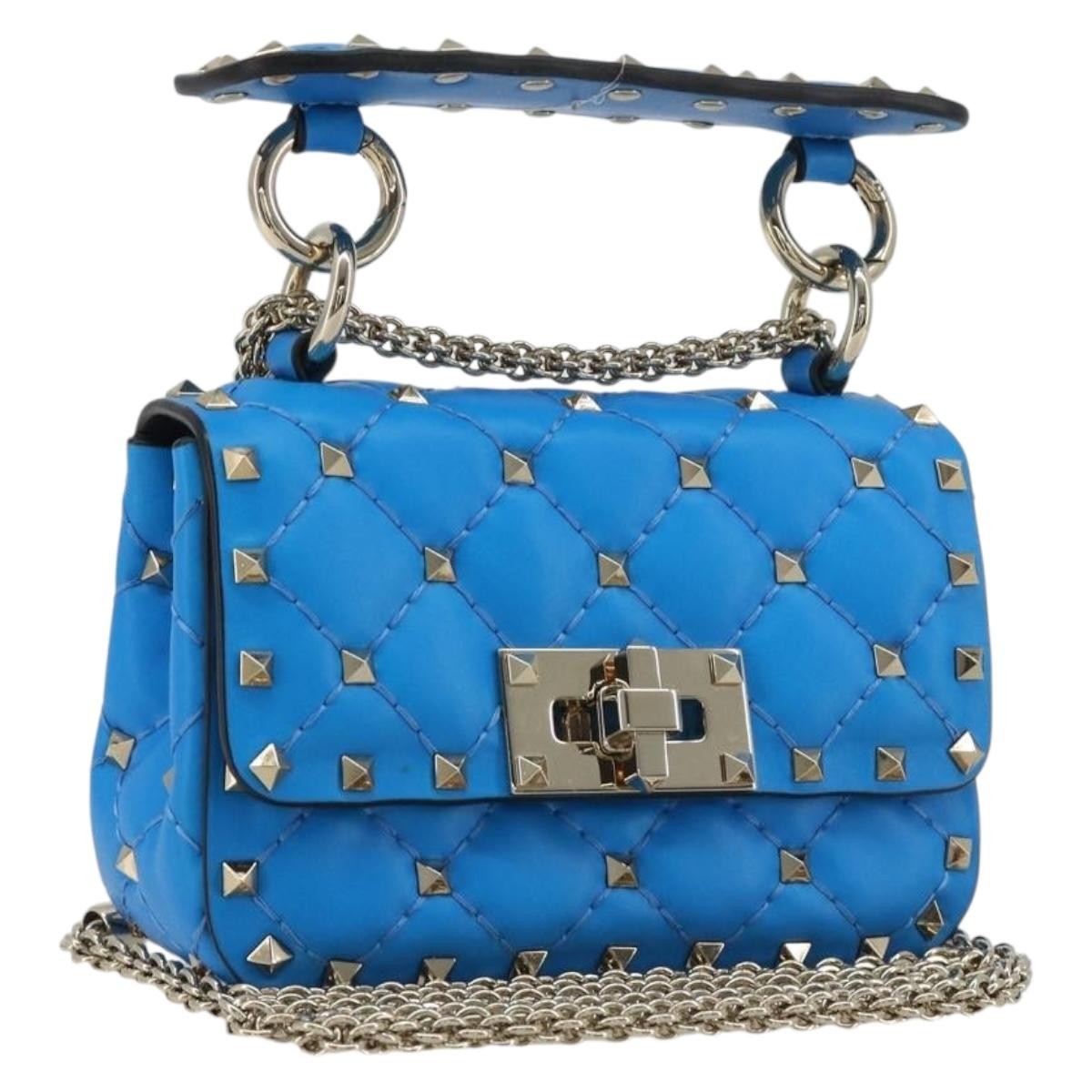 Valentino Garavani Rockstud Spike Flap Quilted Leather Blue Leather Shoulder Bag Bag (Pre-Owned)