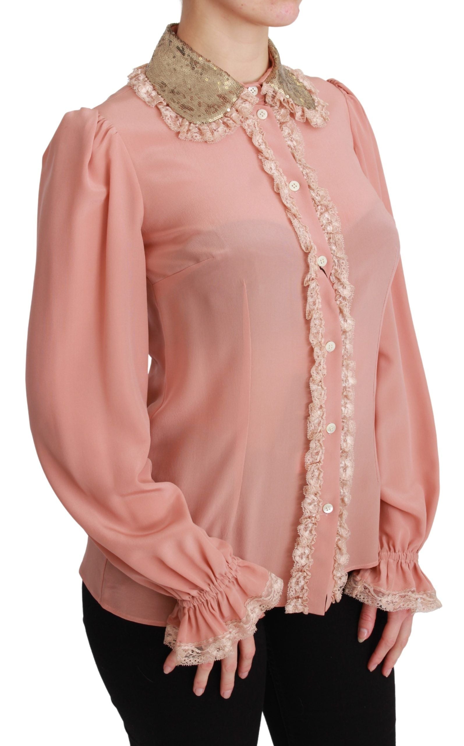 Dolce & Gabbana Elegant Pink Lace Silk Blouse with Gold Women's Sequins
