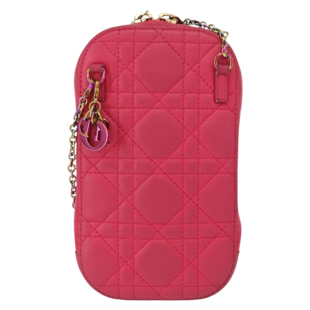 Christian Dior Lady Dior Phone Holder On Chain Cannage Quilt Lambskin Pink Leather Clutche & Pouche Bag (Pre-Owned)