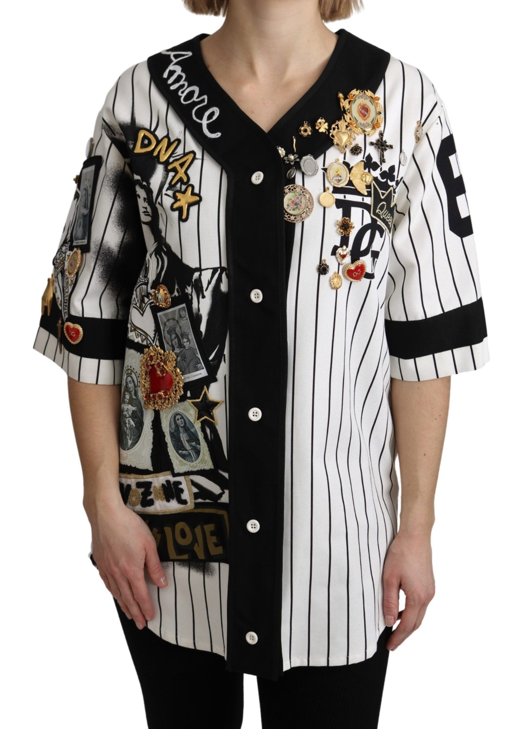 Dolce & Gabbana White and black Blouse Cotton Crystal Charms Amore Women's Shirt