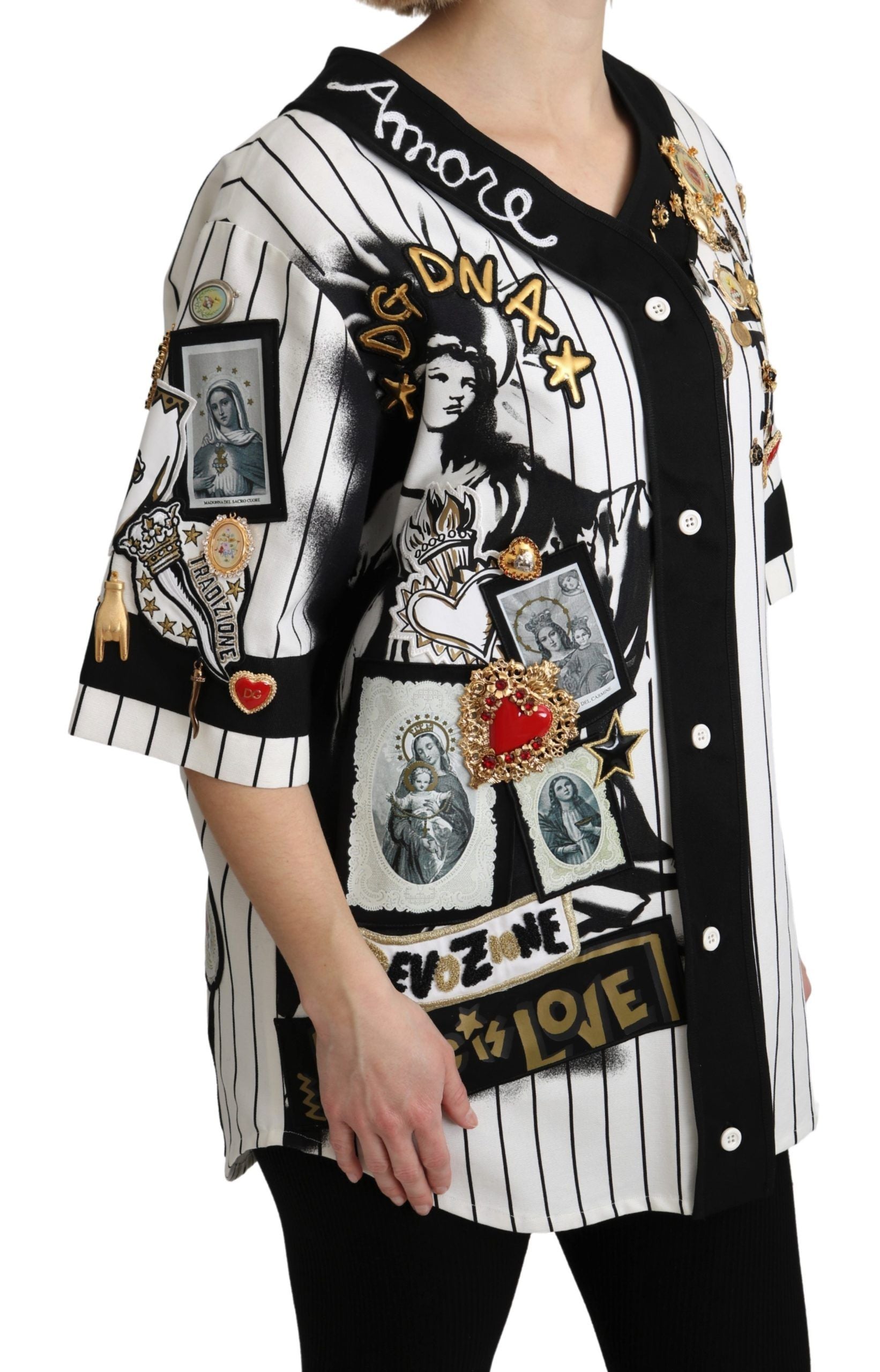 Dolce & Gabbana White and black Blouse Cotton Crystal Charms Amore Women's Shirt