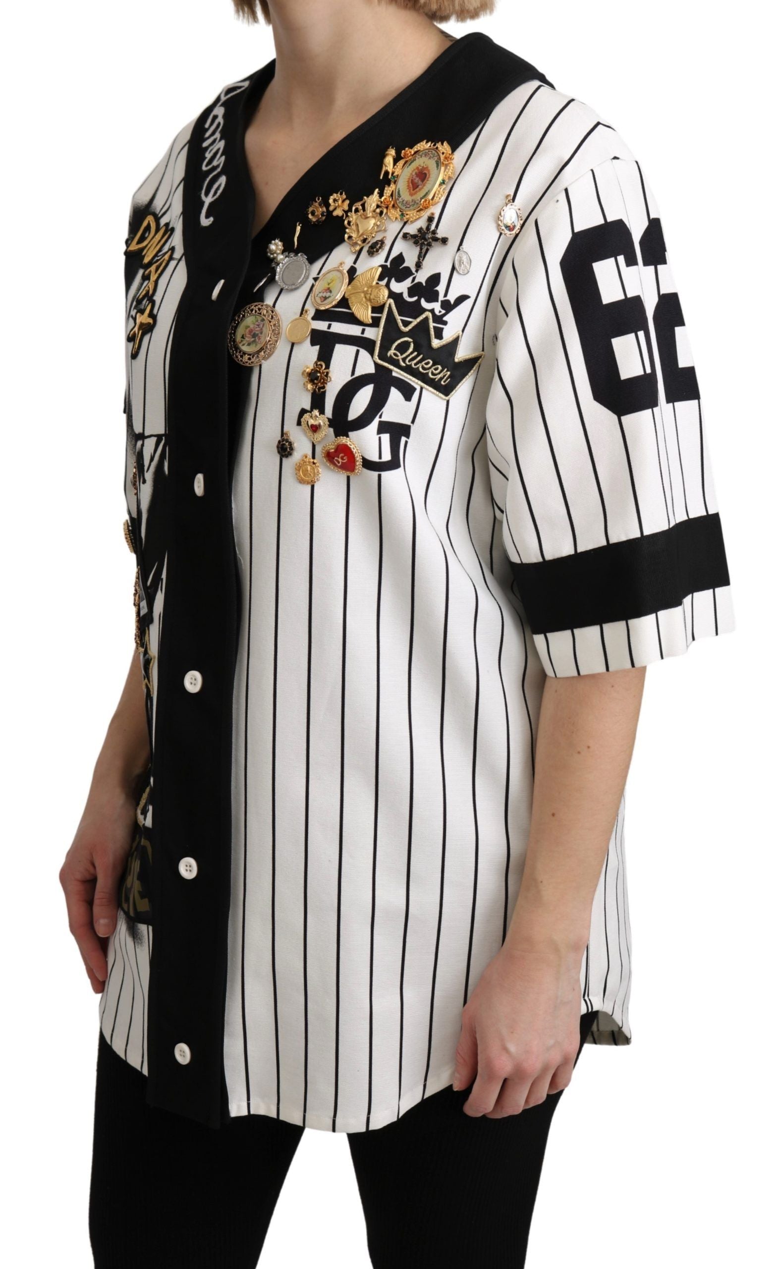 Dolce & Gabbana White and black Blouse Cotton Crystal Charms Amore Women's Shirt