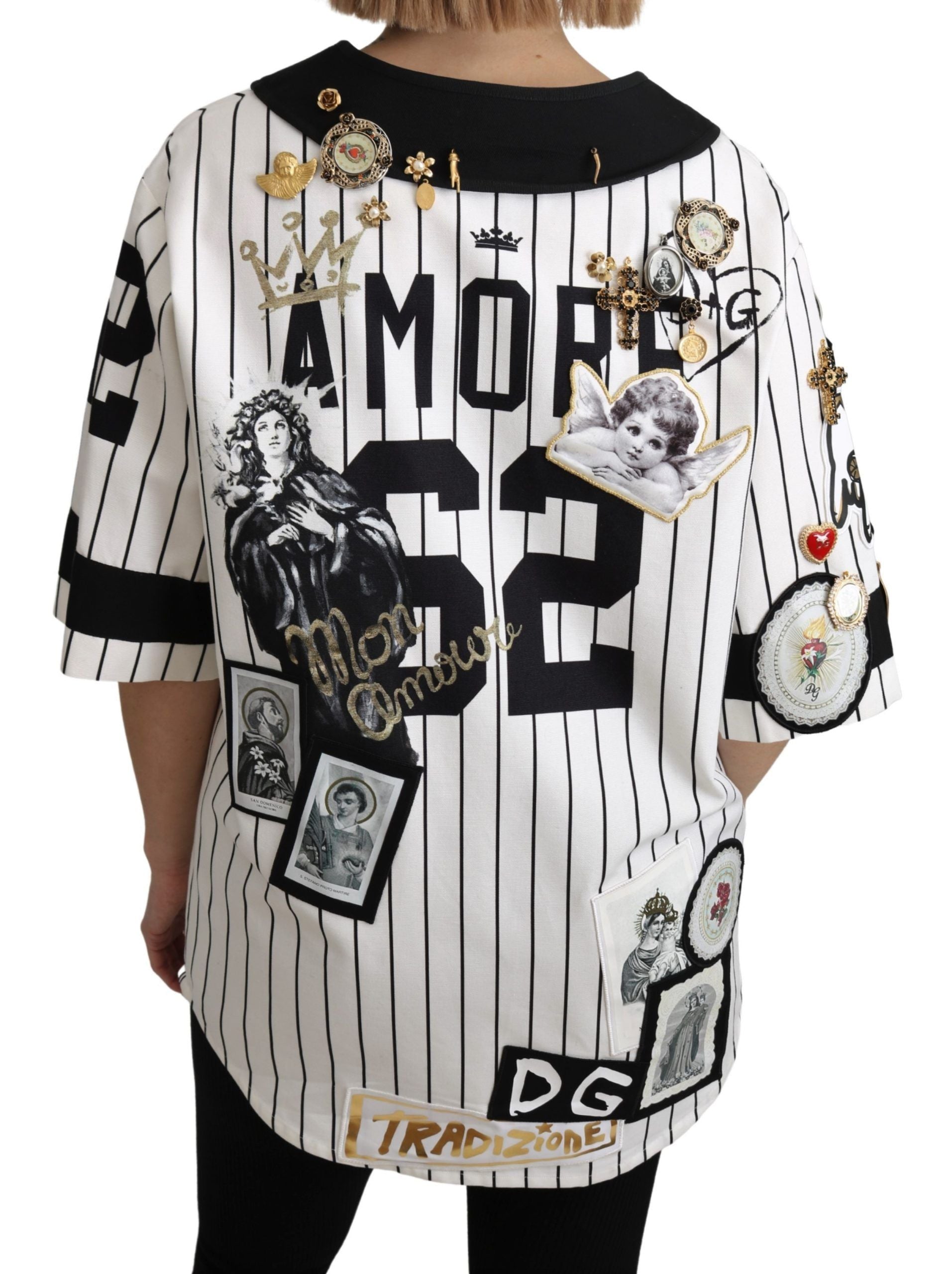 Dolce & Gabbana White and black Blouse Cotton Crystal Charms Amore Women's Shirt