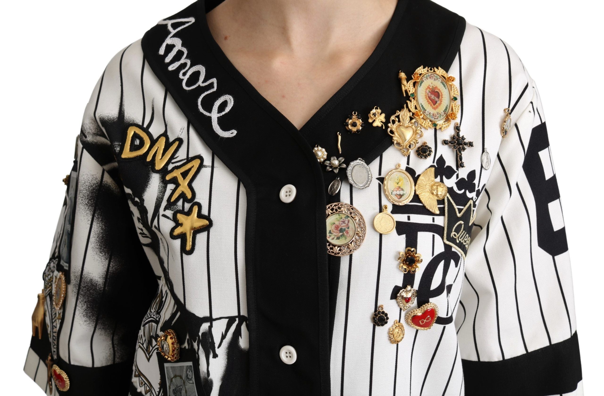 Dolce & Gabbana White and black Blouse Cotton Crystal Charms Amore Women's Shirt