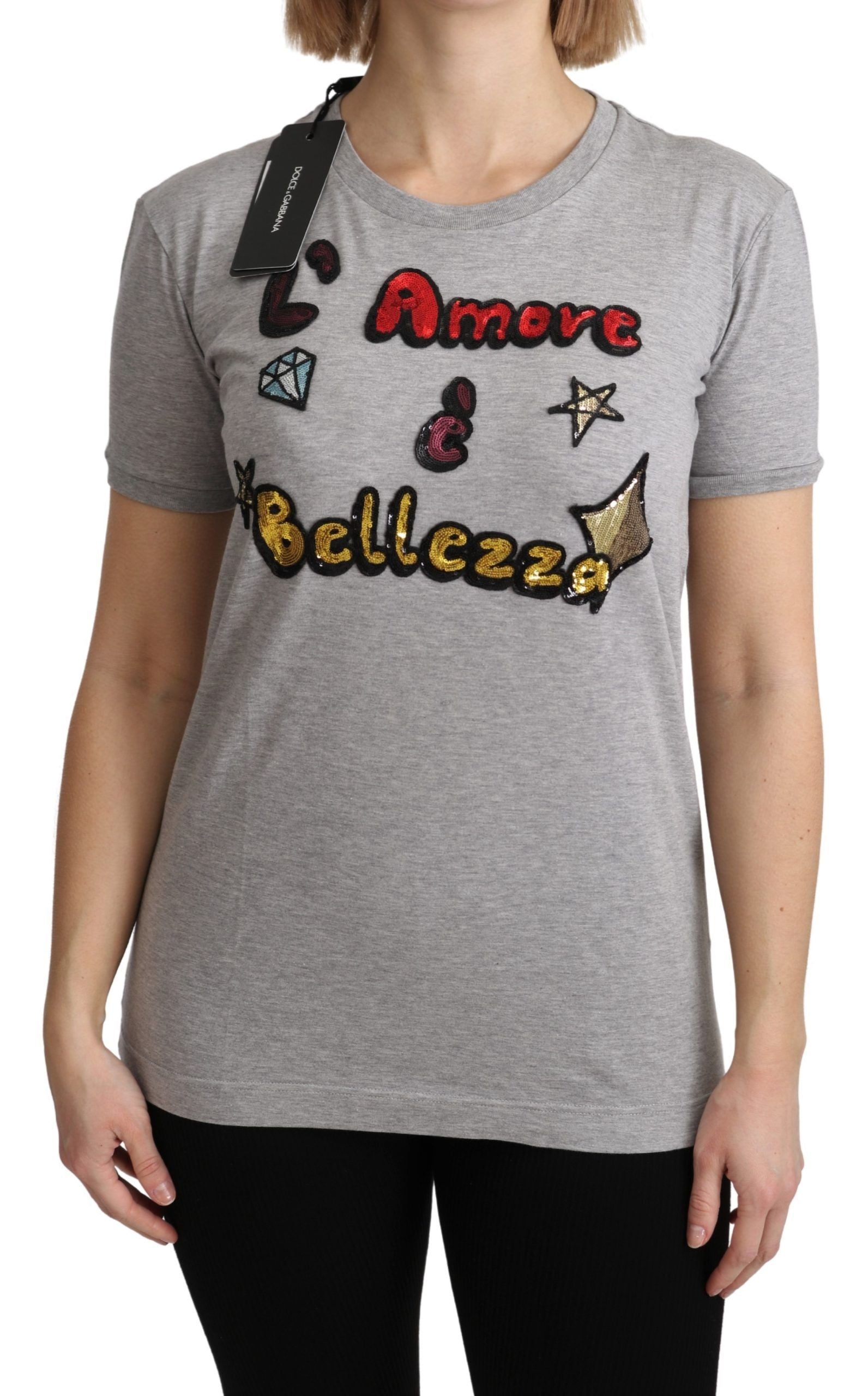 Dolce & Gabbana Gray Cotton Amore e Bellezza Top Women's T-shirt