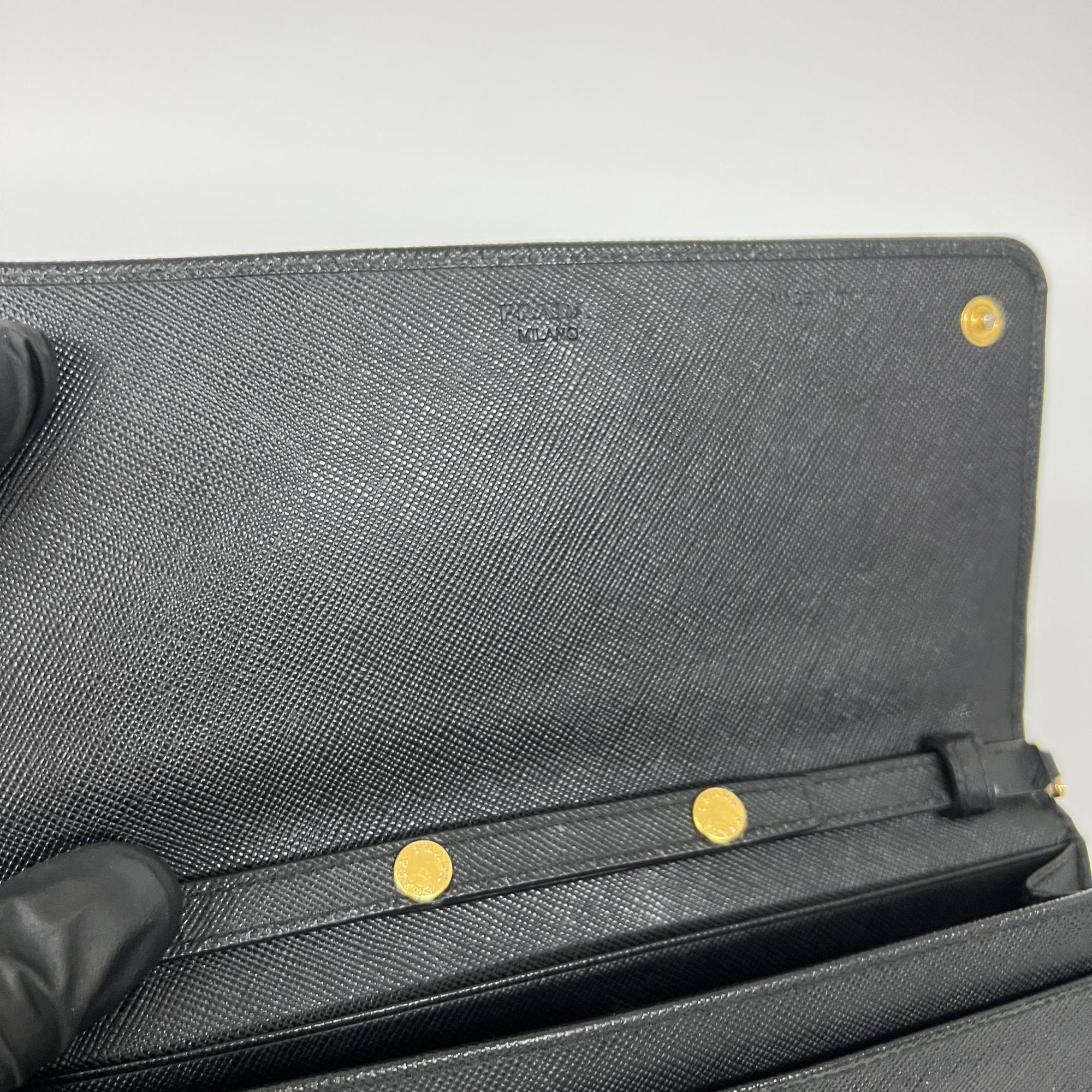 Prada Wallet On Chain Saffiano Black Leather Shoulder Bag Bag (Pre-Owned)