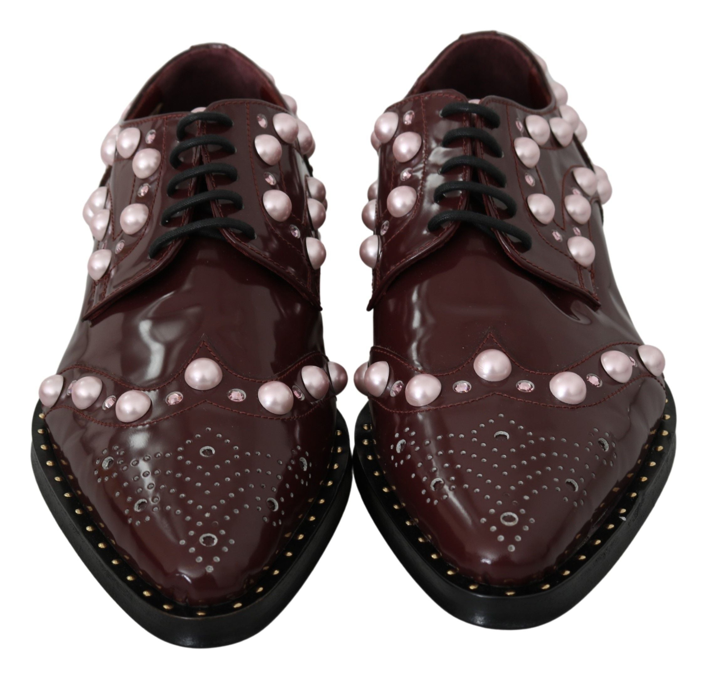 Dolce & Gabbana Bordeaux Leather Crystal Pearls Formal Women's Shoes